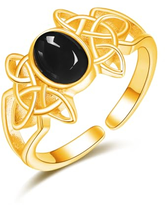 KINGWHYTE Schwarzer Onyx Ring 925 Sterling Silber Gold Siegel Ringe für Frauen Offene Keltische Statement Ringe Onyx Schmuck für Frauen Mädchen Damen