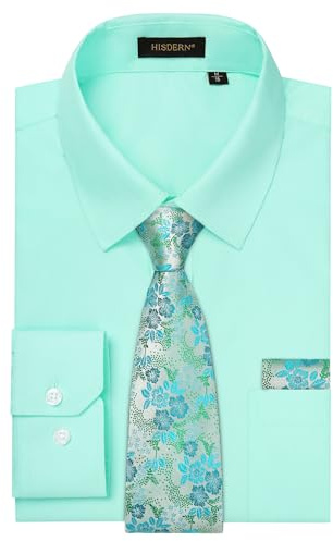 HISDERN Camicia Verde Chiaro Uomo Manica Lunga Elegante Camicie con Cravatte Classico Casual Matrimonio attività Regular Fit L