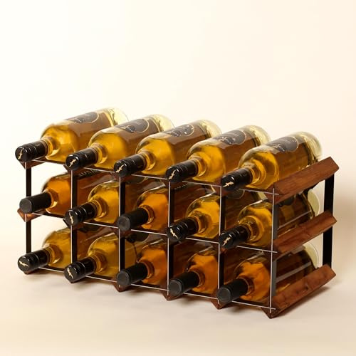Klassisches Weinregal für 15 Flaschen, Eiche, gebeiztes Holz und schwarzes Metall | Fertig montiert