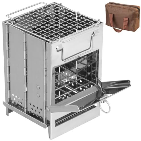 PEARL Campingofen: Camping-Holzofen aus Edelstahl, faltbar, inklusive Transporttasche (Campingofen Holz, faltbar, Grillspiesse)