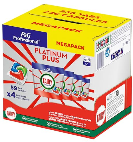 Fairy Professional Platinum Plus Spülmaschinentabs, 236 Kapseln (4 x 59), für Eingebranntes Fett und Kurzprogramme, HACCP-Konform, professionelle Formel für den Einsatz in Gewerblichen Küchen