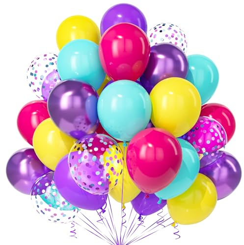 Teselife Ballons Rose Bleu Violet, 30 Pièces Rose Rouge Jaune Teal Bleu Rose Violet Confettis Ballon Hélium Fille Femmes Enfant Anniversaire Mariage Valentin Proposition Mascarade Thème Sirène Déco