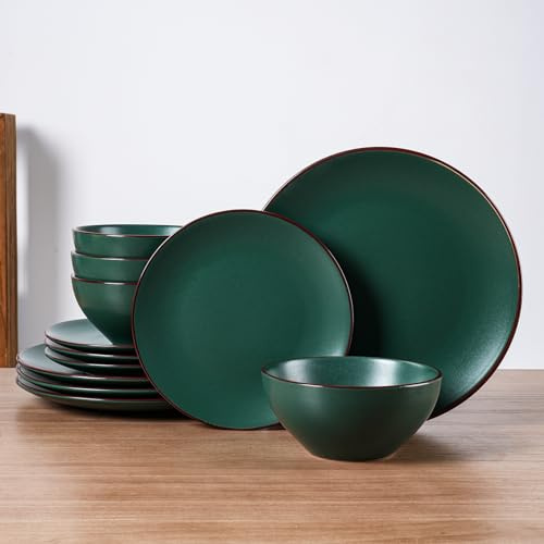 Famiware Venus 12-Piece Plates and Bowls Sets for 4, Stoneware Dinnerware Set with Trim, Modern Minimalist Dishes for Everyday & Formal Use, Chip Resistant, Microwave/Dishwasher Safe, Matte Dark Green