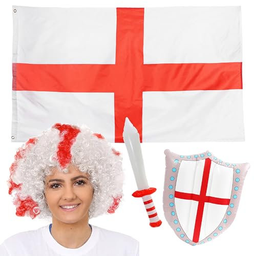 England Supporters Set - English Flag, English Flag Afro Wig, Inflatable St George Sword and Shield - Football Rugby Sports Supporters Accessory Set