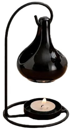 Acaino Duftlampe aus Keramik, Aromalampe mit Teelichthalter, Ölbrenner Raumdüfte Kerzenhalter mit Eisengestell, Hängend, Schwarz