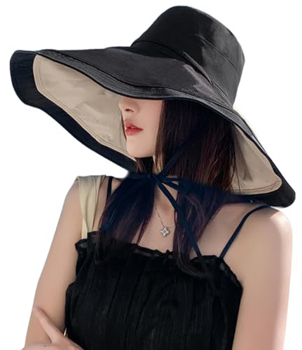 Cappello da sole a tesa larga da donna, con visiera parasole, protezione UV, cappello da spiaggia, traspirante, estivo, cappello da pesca, visiere, cappelli pieghevoli UPF 50+, Nero , Taglia unica