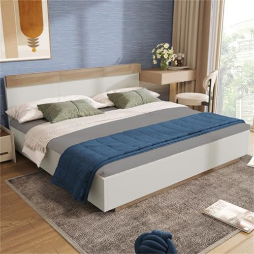 Schwebendes Doppelbett mit verstellbarem Kopfteil, vielseitiges Erwachsenenbett mit Lattenrost aus Massivholz, geeignet für Schlafzimmer und Gästezimmer(Size:180x200cm+Without Bedside Table)