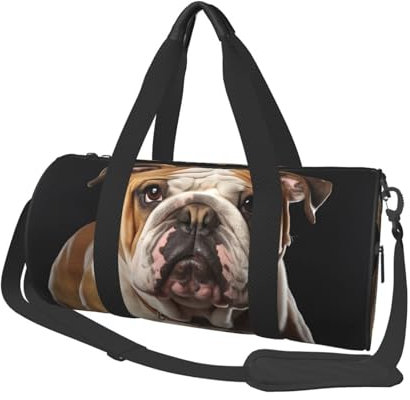 Englische Bulldogge Reisetasche, Handgepäcktasche, Wochenendtasche, Übernachtungstasche, Sport, Turnbeutel für Damen und Herren, faltbar, runde Reisetasche für Reisen, Sport, Fitnessstudio, Schwarz,