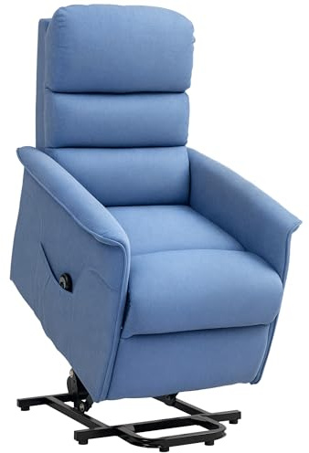 HOMCOM Elektrischer Sessel mit Aufstehhilfe, elektrischer Relaxsessel mit Fußstütze, neigbare Rückenlehne, Fernbedienung, elektrischer Sessel, mit Tasche, atmungsaktiver Leinenstoff, blau meliert