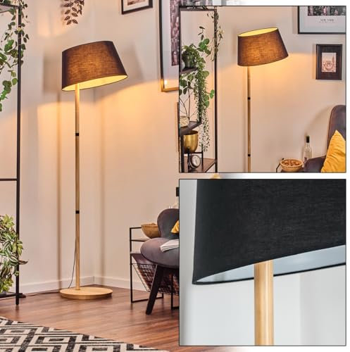 HOFSTEIN Stehleuchte Bassagoda, Stehlampe mit Holzfuß im skandinavischen Design, Boho-Style mit Schirm aus Stoff, Ø 45 cm, E27, Höhe 171 cm, Fußschalter - Wohnzimmer, Schlafzimmer, Esszimmer