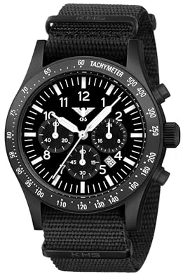 KHS Platoon Black Steel Solar Chronograph KHS.PLABSSC.NB mit Natoband schwarz | Einsatzuhr für Männer, Militäruhr mit Nato-Armband, Solar-Quarzuhr, Outdoor-Uhr mit Nylon-Band, Tactical Watch, schwarze Uhr