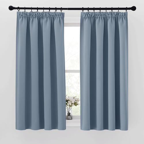 PONY DANCE Rideau Thermique Galon Fronceur - Rideau Occultant Fenêtre | Draperies Intérieurs Court, Decoration Chambre Maison Cuisine sans Crochets, 2 Pièces, L140 x H145 cm, Bleu Vintage
