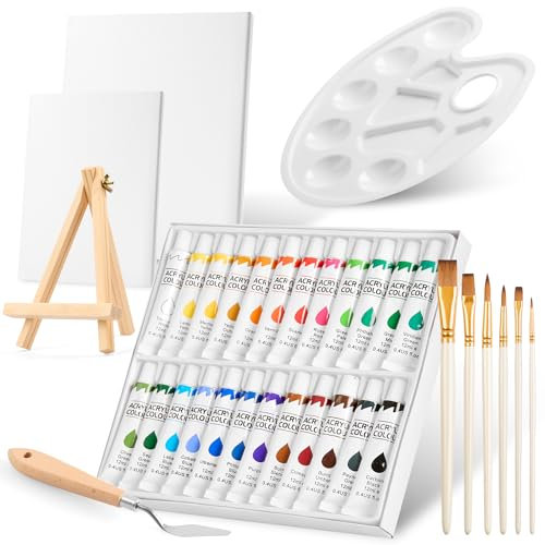Kit Completo de Pinturas Acrílicas con Caballete de Madera Plegable – 24 Colores, 6 Pinceles, Lienzos, Espatula, Paleta – Ideal para Artistas y Manualidades Infantiles