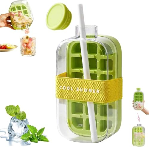 Ice Cube Bottle Tray with Lid, 2 in 1 Water Bottle Ice Cube with Straw, 2025 New One-Touch Ice Release & No Touching,Ice Cube Making Bottle for Freezer,Coffee, Juice,and Beverages (Green, 800ml)