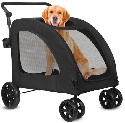 Vinteky Hundewagen Hundebuggy Hundebox, für mittelgroße bis große Hunde, Transporttasche Faltbar klappbar bis 30kg, Haustiere Buggy mit Netzfenstern Getränkehalter, Jogger Schwarz