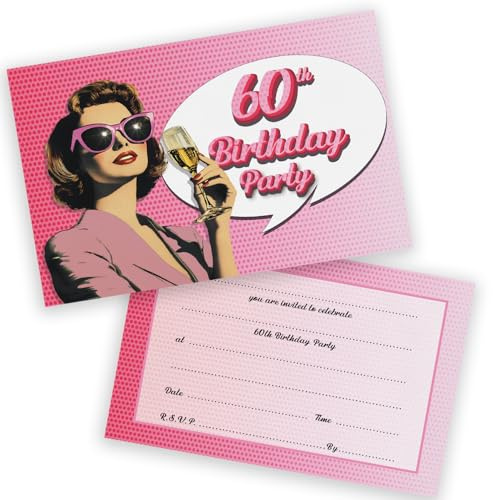 Party-Einladungen zum 60. Geburtstag, für Männer und Frauen, Retro-Champagner, 28 Stück, für Erwachsene, Geburtstagseinladungen für Freunde, Familie, A6, Geburtstagsparty, Einladungskarten mit