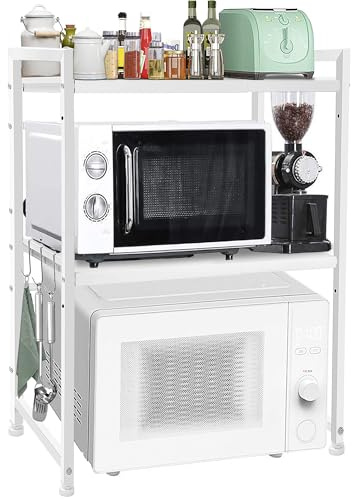 Expandable Microwave Oven Rack | Height-Adjustable Microwave Shelf | 3-Tier microwave Stand with Hooks | Foldable Kitchen Countertop Organiser for Toasters |Non-Slip microwave Storage Rack(White)