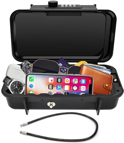 Eikovia Beach Lock Box,Travel Safe Lock Box with Removable Chain,Locking Boxes with Code,Portable Lockbox for Travel Safe,Personal Items,Beach,Gym,Hotel,Dorm,Black