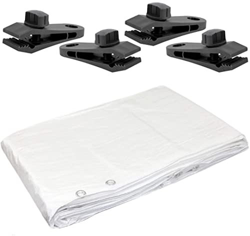 Telone impermeabile resistente, 6 x 10 m, per mobili da campeggio e roulotte, copertura versatile con 4 clip per telone (bianco, 90 g/m²)