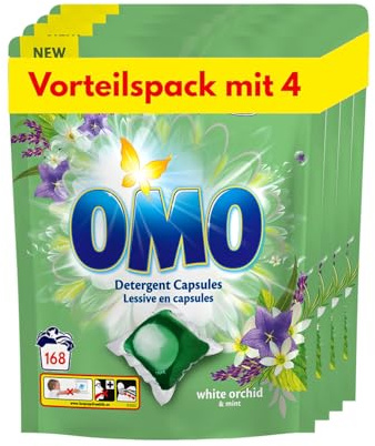 OMO Waschmittel Kapseln Weiße Orchidee & Minze | Konzentrierte Pods | 14 Tage Frischeduft | Starke Fleckenentfernung | Schnell löslich bei 30°C | 168 Kapseln 20g (4x42)