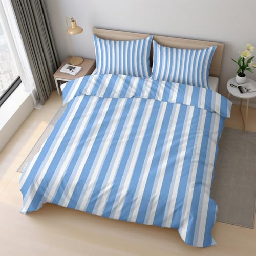 Générique Housse de Couette 160x200 Rayures Verticales, Parure de Lit Rayures Bleu Blanc Reversible Confortabl Ensemble Literie Microfibre avec Fermeture Éclair 2 Taie Oreiller K&18