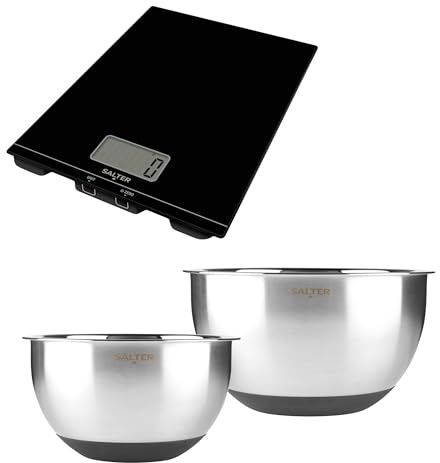 Salter Expert Mixing Bowl & Digital Kitchen Scale Set - 2 Stainless Steel Bowls (20cm & 24cm) with Non-Slip Base, 5kg Electronic Platform Scale with Add & Weigh Function | 2 Stainless Steel Bowls, Internal Measurement Scale, Non-Slip Silicone Base, Add & Weigh, Aquatronic, Metric/Imperial Units