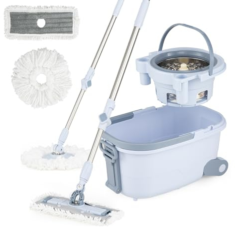 GIANTEX moppset med hink, 360° roterande mikrofibermopp med utdragbart handtag, 2-kammarhink med vridning, hjul och handtag, 3-delat golvduksset (moppset med centrifugeringshink