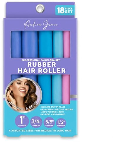 Andrea Grace Flexi Rods Foam Hair Rollers - 18 Flexi Rods -1/2 5/8 3/4 1 Diameter- Professional Salon Quality Rubber Hair Rollers for Long, Medium, Short Hair, Hair Curlers to Sleep in for Women