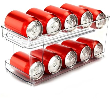 SUNNYNEST 2PC 2-Tier Rolling Can Dispenser Soda Fridge Organizer Rack | 2-tier rolling can dispenser for 330ml & 355ml cans, easy-load space-saving storage rack for fridge, kitchen, garage & bar.