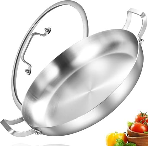 Inqibee Paella Poêle avec couvercle, en acier inoxydable, non revêtue, compatible avec induction, passe au four, au lave-vaisselle