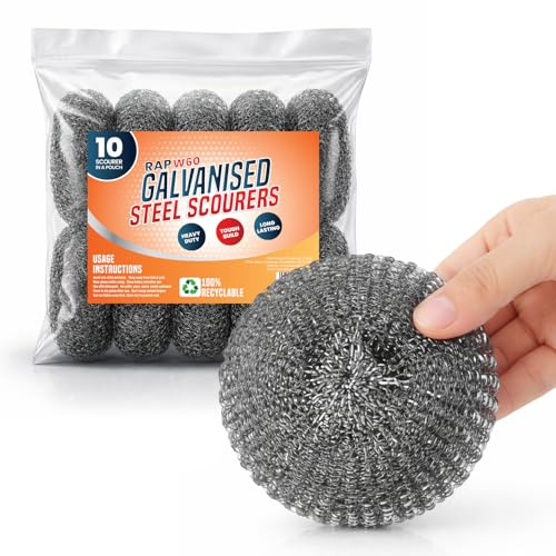 10Pcs Heavy Duty Galvanized Steel Scourers W60 (45g) – Professional Large Wire Scouring Pads for Grill, BBQ, Pots & Pans, Tough Stain & Burnt‑On Grease Removal