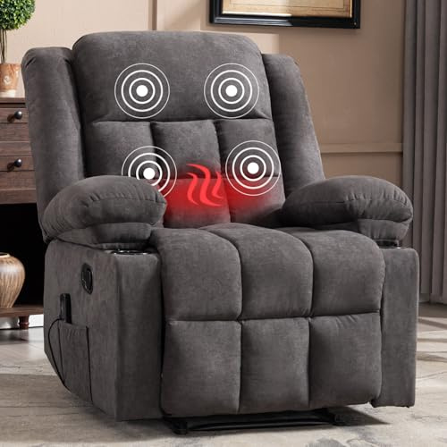 HAOMARKETS Classic Manual Recliner Chair with Massage and Heat for Adults, Breathable Fabric Recliners with Two Cup Holders& Side Pockets, Overstuffed Heavy Duty Reclining Sofa for Living Room, Grey