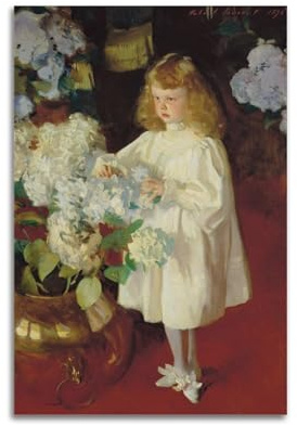 John Singer Sargent Art Poster for The Work Girl Portrait with Vase of White Hydrangeas Flowers Art Print Wall Photo Paint Hanging Picture Family Bedroom Decor Gift 08x12inch(20x30cm)