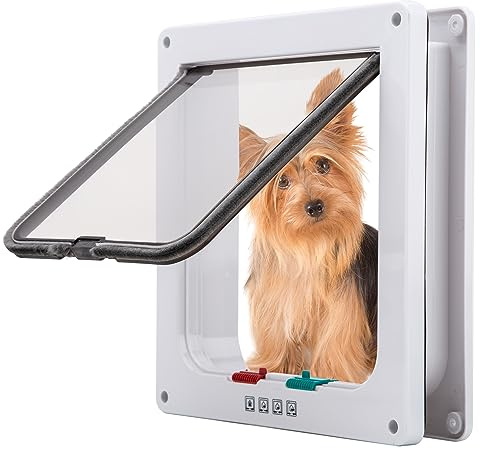 TKOOFN Klassische Katzenklappe Hundeklappe - 4 Wege Verschluss Katzentür Katzenklappe Haustier Tür Freilauftür für Katze, Kätzchen, kleinen Hund (Weiß, L - 23.5 x 25 x 5.5cm)