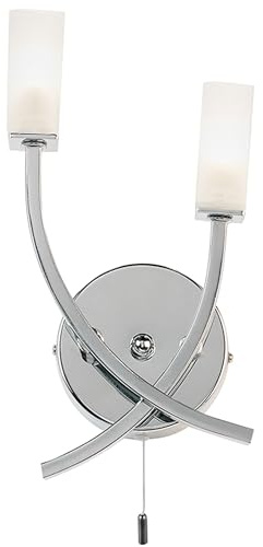 National Lighting Cuba Modern Silver Chrome Twin Branch Arm Wall Light with Frosted Light Diffusing Glass Shades