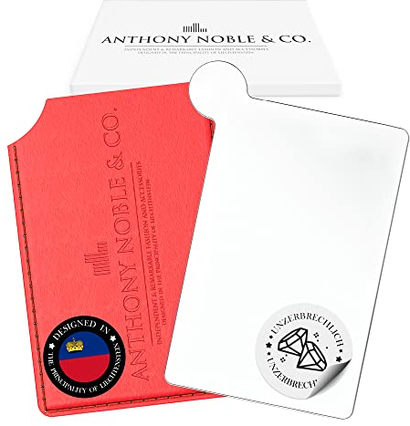 Anthony Noble & Co. Eleganter Taschenspiegel in Kreditkartenformat mit Griff, Spiegel klein aus poliertem Metall, Kleiner Spiegel inkl. Designer-Schutzhülle