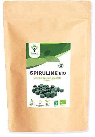 Bio Spirulina – BCAA Eisen Vitamin A 65% Protein 17% Phycocyanin – rein und ohne Zusatzstoffe – Nahrungsergänzungsmittel – 500 mg/Tablette – in der EU verpackt – Bio-Zertifizierung – 1200 Tabletten