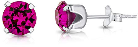 Pendientes Mujer Plata de Ley 925 con Brillantes de Cristal Fucsia 6 mm - Pendientes de Botón Plata Ley 925