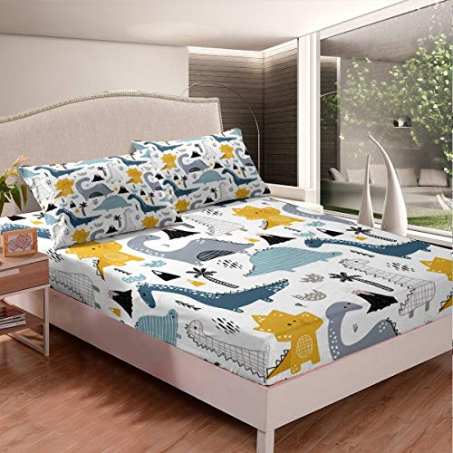 Loussiesd Kinder Spannbettlaken Mädchen 90x200cm Dinosaurier Drucken Bettlaken Set Cartoon Tiere Schön Dino Muster Spannbetttuch Weiche Mikrofaser mit 1 Kissenbezug 80x80cm für Jungen