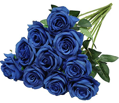Nubry künstliche Seidenrose Blume einzigen Stiel lebensechte gefälschte Rose für Hochzeit Bouquet Blumenarrangements Home Party Centerpiece Dekoration, 10pcs (blau)
