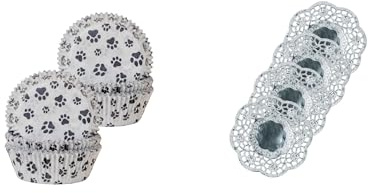 Demmler 2er Set Muffin Förmchen mit Pfoten Motiven – 2x60 Stück (120 Stück), aus Papier, ⌀ 5cm, inklusive 4 Tassendeckchen in der Farbe Silber - Made in Germany
