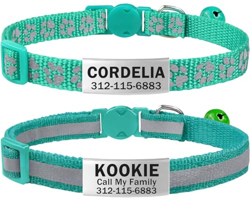 TagME Collar de Gato Personalizado, Reflectante Collares para Gatos con Cascabeles y Hebilla Seguro de Liberación Rápida, 2 Piezas Turquesa