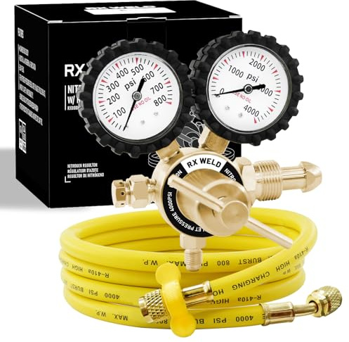 RX WELD Stickstoffregler mit 0-800 PSI, CGA580 Einlass, Förderdruckausrüstung, Messing-Einlassauslass-Anschluss-Messgeräte mit Kühlschlauch