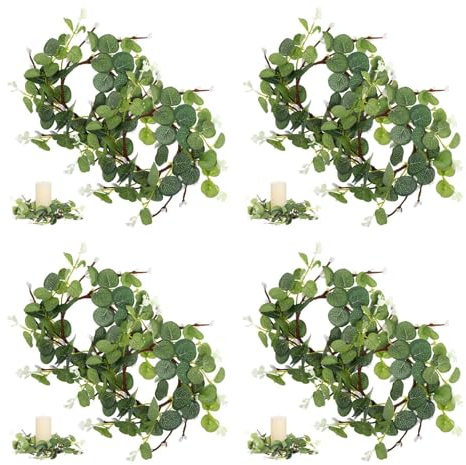 Easter Wreaths Rings 8pcs Candle Rings, Artificial Eucalyptus Leaves for Pillars, Small Greenery Flower Candle Wreath for Wedding Centerpieces Home Party Table Door Decor