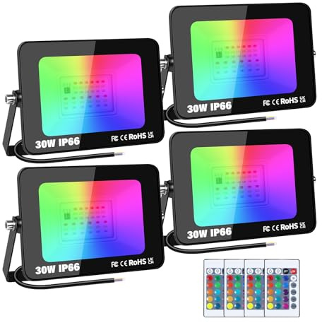 SKYWORLD 4 Pieza Foco LED RGB Exterior, 30W 3000LM con Control Remoto Proyector Led, Multicolor Estroboscópico RGB Regulable Luz de pared, Impermeable Foco de Colores para Jardín Fiestas Terraza