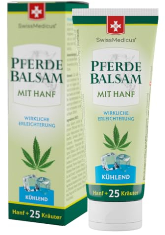 SwissMedicus Pferdebalsam mit Hanf - Kühlende Wirkung für Muskeln & Gelenke - mit 25 natürlichen Extrakten - Alltäglicher Gebrauch - Natürliches Gel - 75ml