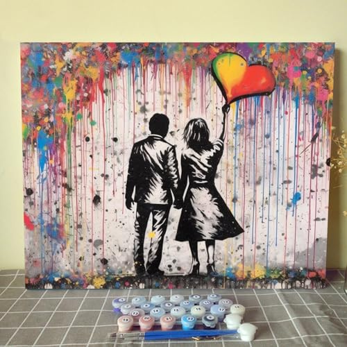 Tucocoo Banksy Pop Art Pintura por Números para Adultos Street Couple DIY Kit de Pintura al Óleo sobre Lienzo con Pinceles y Pigmento Acrílico Amantes del Graffiti Imagen para Decoración del Hogar