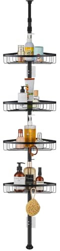 TRUSTLIFE Bathroom Shower Shelf Black Shower Caddy 4-Tier Telescopic Shower Corner Shelf, Shower Shelves No Drilling, Bathroom Accessories for Storage & Organisation, Height Adjustable from 73-302cm