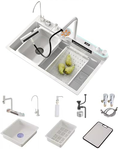 FIVIXIL Fregadero de cocina fregadero de cascada doble integrado con pantalla LED y luz ambiental con lavavasos, dispensador de jabón, escurridor de control de mesa, etc (Blanco, 75 * 45 * 22cm)