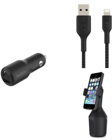 Belkin Premuim Car Bundle(42W Dual Port Fast Car Charger & USB-A to Lightning 1m Charging Cable & Car Cup Mount)